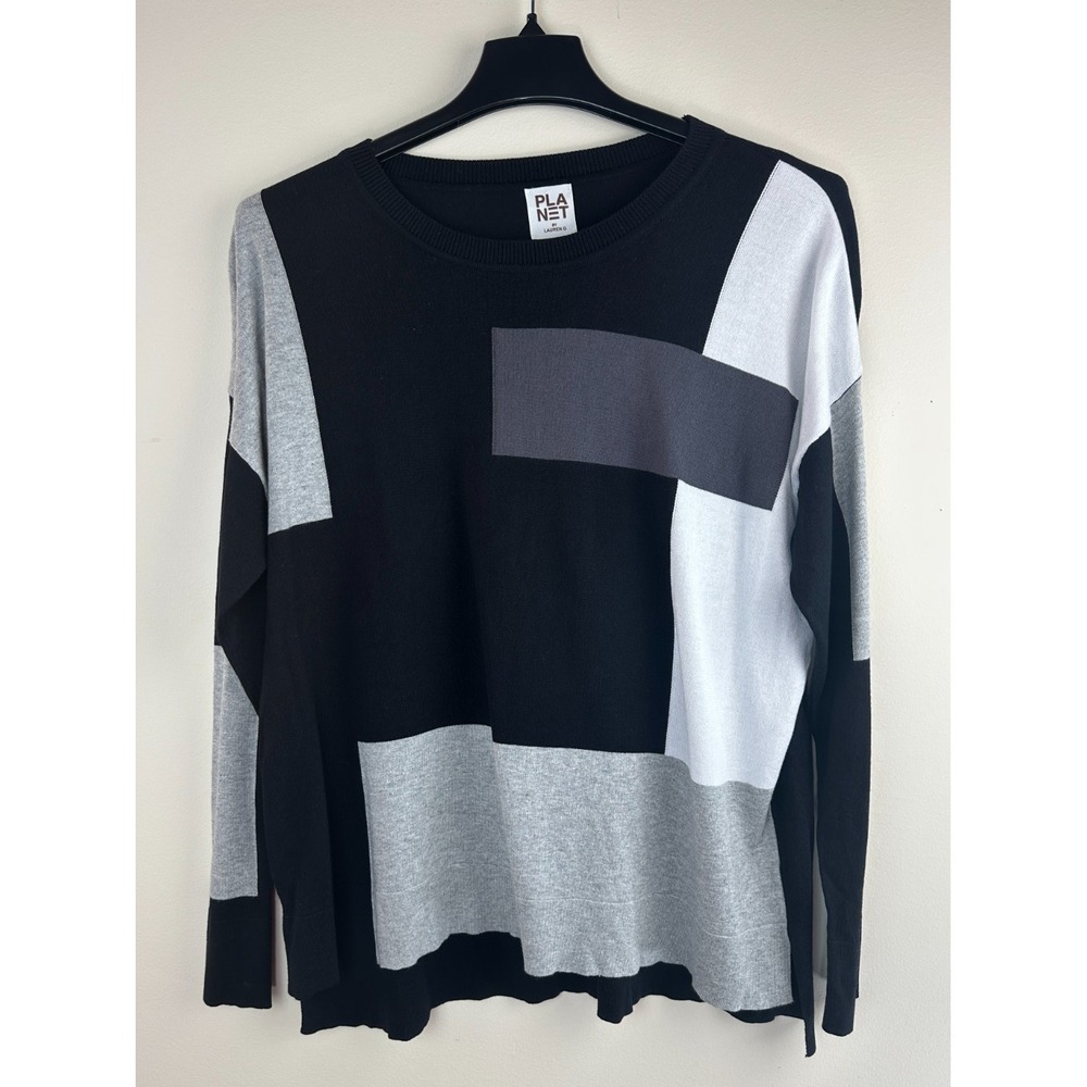PLANET by Lauren G Colorblock Sweater Womens One Size Black Grey White Lagenlook - Picture 2 of 12